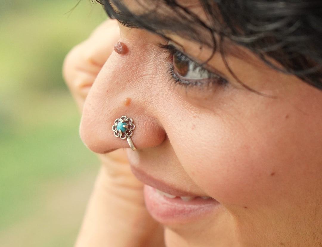 Buy stunning 92.5 Turquoise Flower Nosepin by Quirksmith