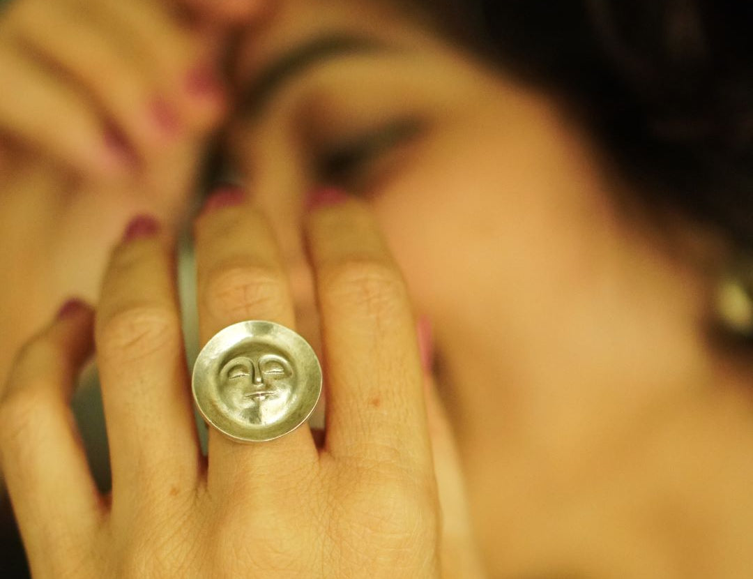 Quirksmith Chandramukhi Ring – Handcrafted in 92.5 Silver, Elegant Oxidized Finger Ring