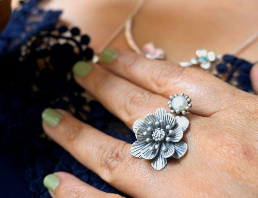 Spring Floral Ring with Pearl - Quirksmith