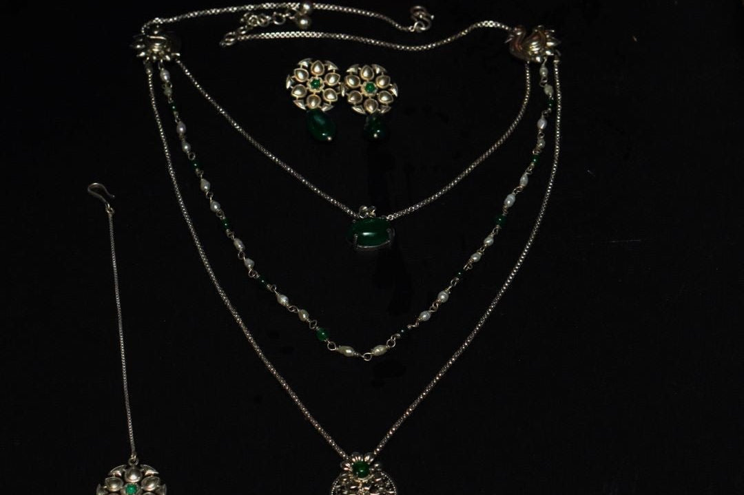 Zohra Zabi Jewelry Set - Mehrunissa Layered Necklace + Zohra Drop Earrings + Zohra Maang Tika - Quirksmith