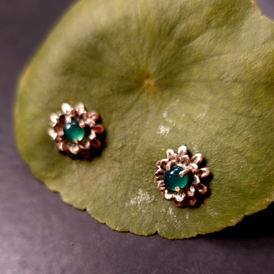 Buy Silver Earrings with floral motifs and green onyxOnline in India - Quirksmith