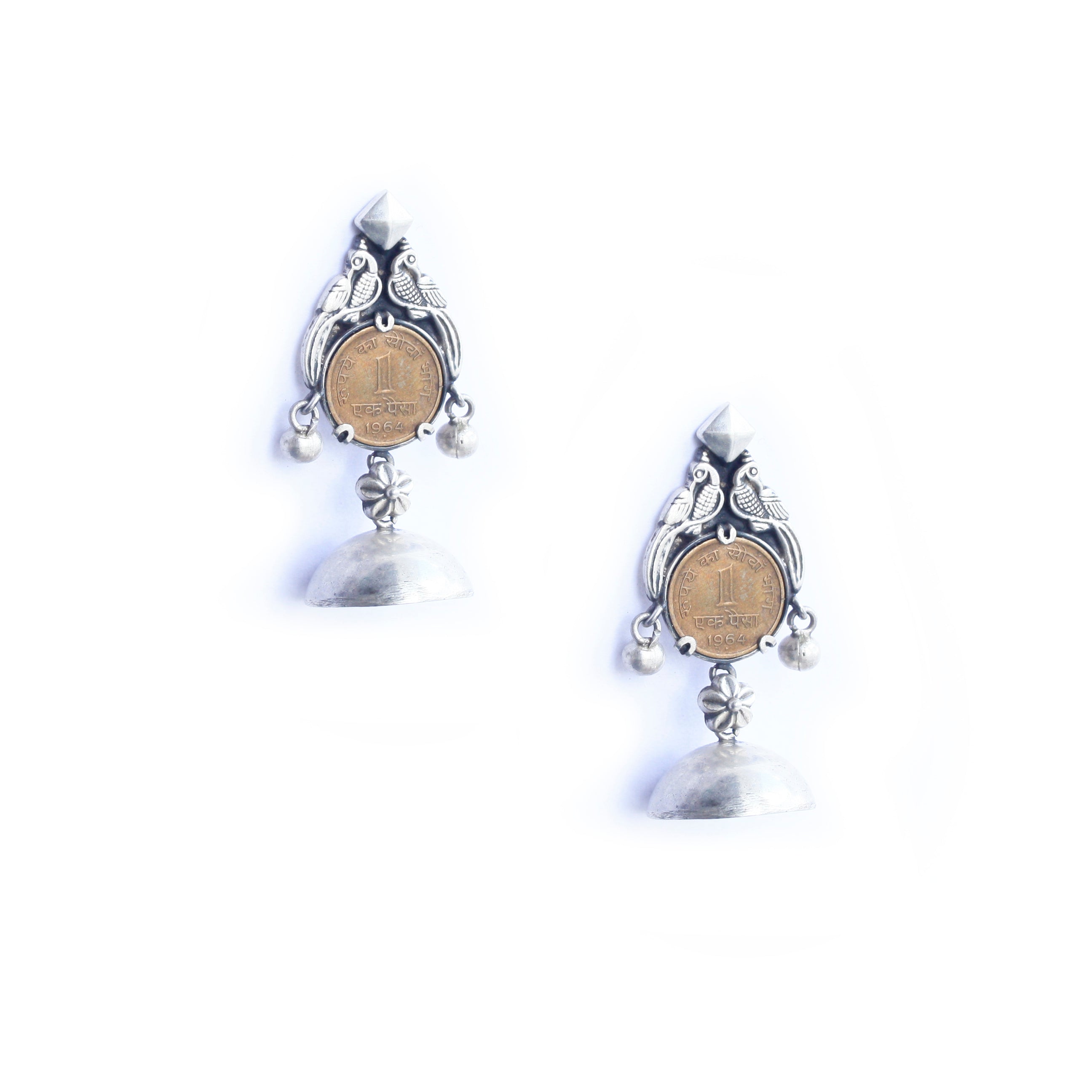 Buy Stylish Silver Jhumkas with vintage coins Online - Rupi Ana Jhumka - Quirksmith
